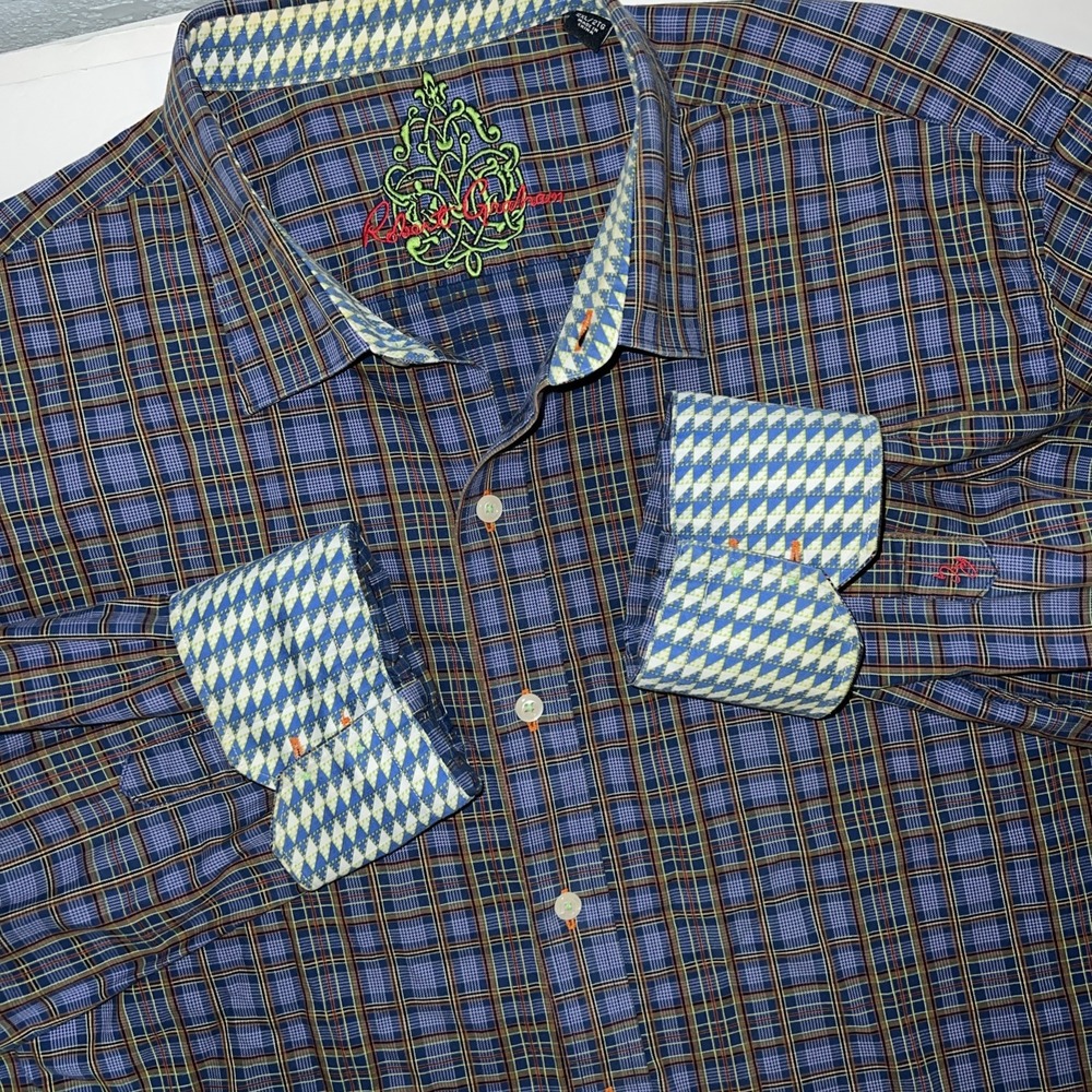 Robert Graham Dark Blue Shirt Flip‎ Geometric On Cuffs and Collar Size 2XL
